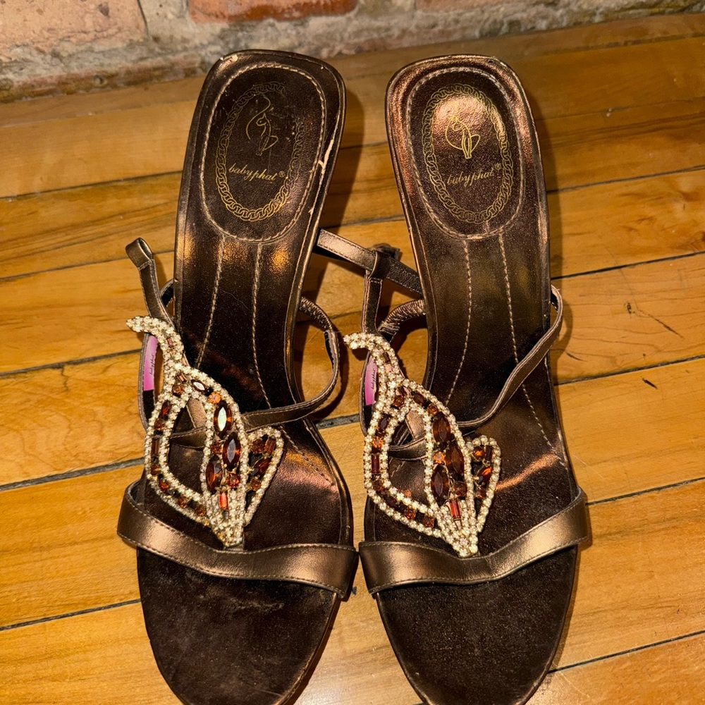 Baby Phat Bronze Jeweled Butterfly Strap Heels